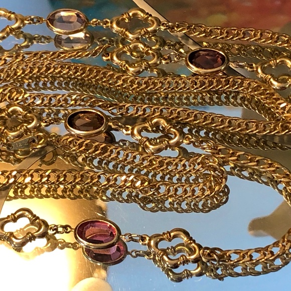 VTG 70s Gold Tone Dbl Curb Fancy Chain 36" Opera Length Necklace/Colored Stones - Picture 12 of 12